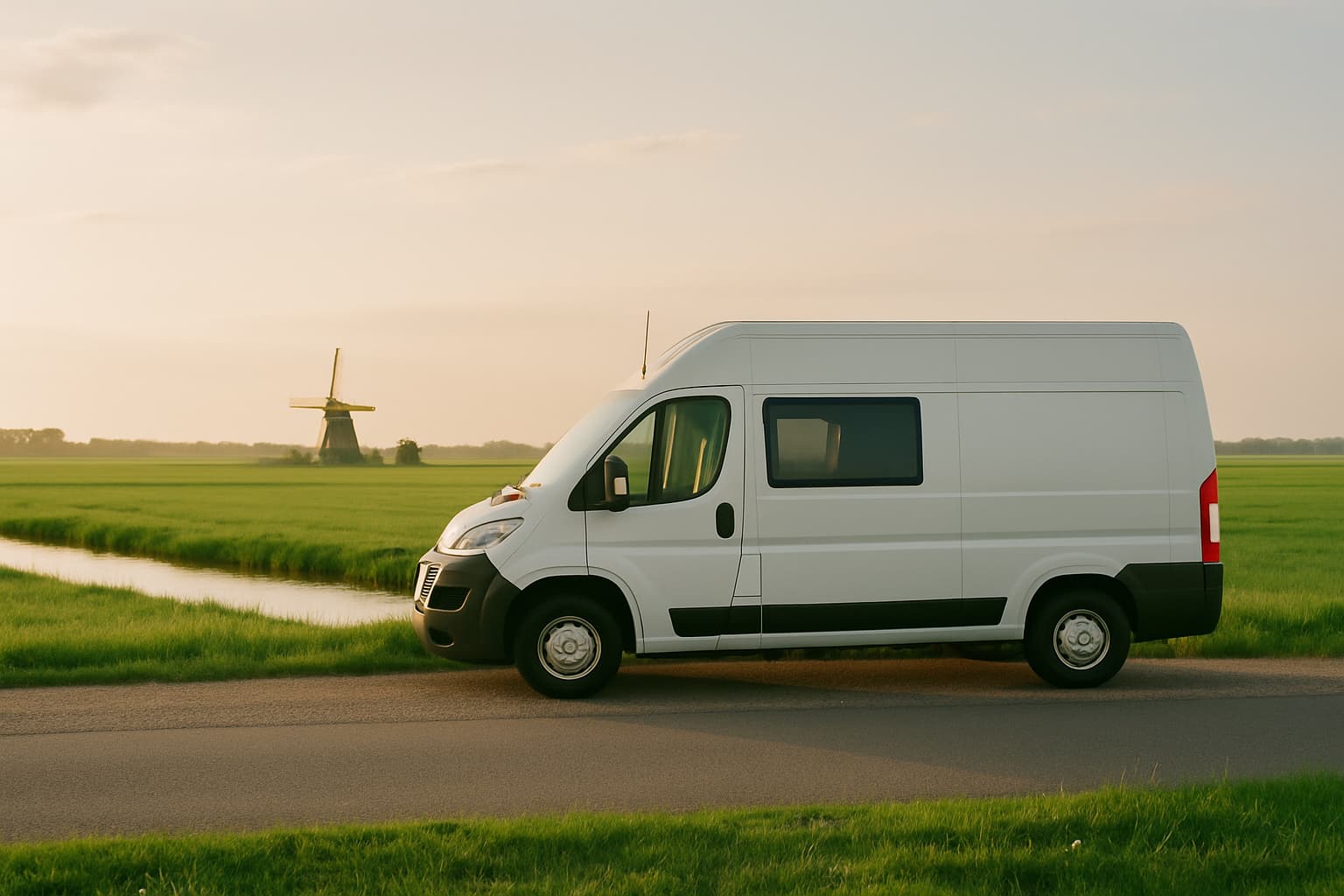 Neutrale witte camper geparkeerd in een berm langs een rustige weg in een Nederlands polderlandschap met sloot en windmolen in de verte.