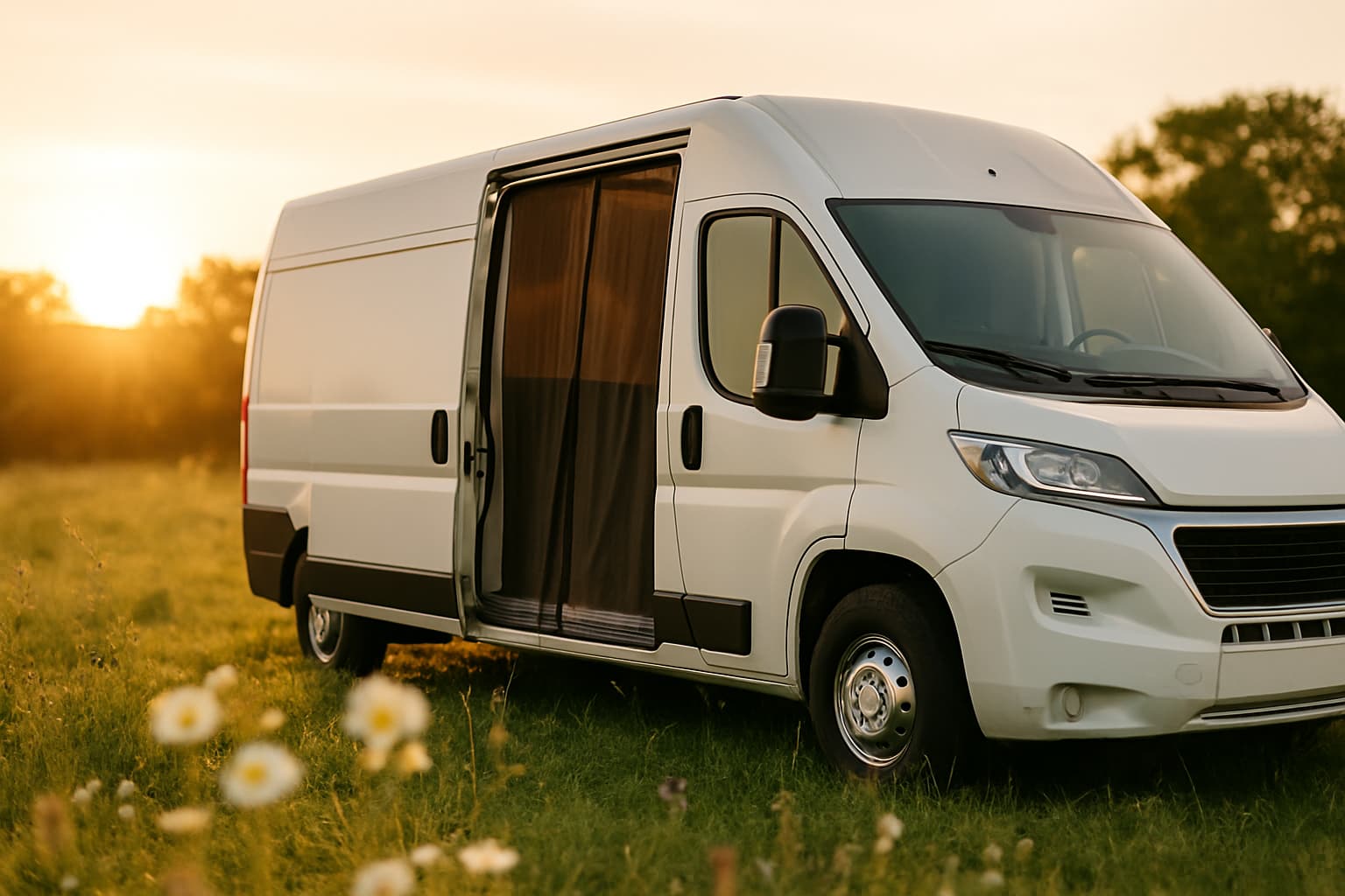 Witte camper op een grasveld in het gouden avondlicht met de schuifdeur open en een muggenhor voor de opening