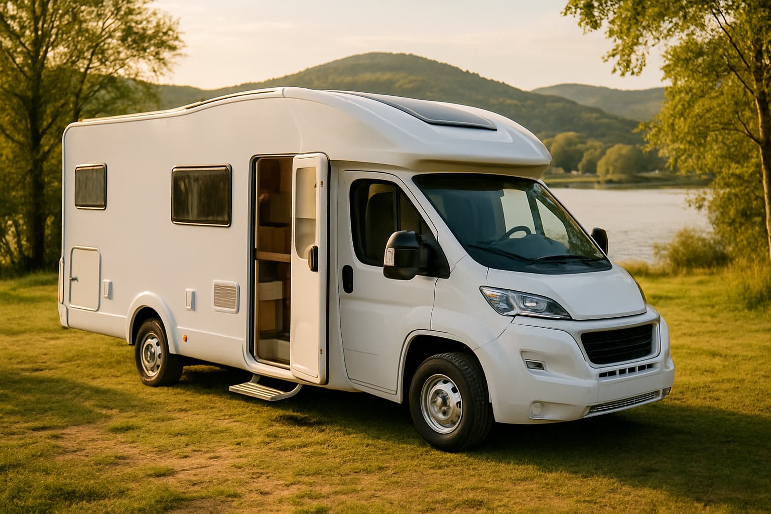 Witte camper zonder merkopdruk met open zijdeur op een grasveld bij een meer, geschikt voor vier personen, in warm middaglicht