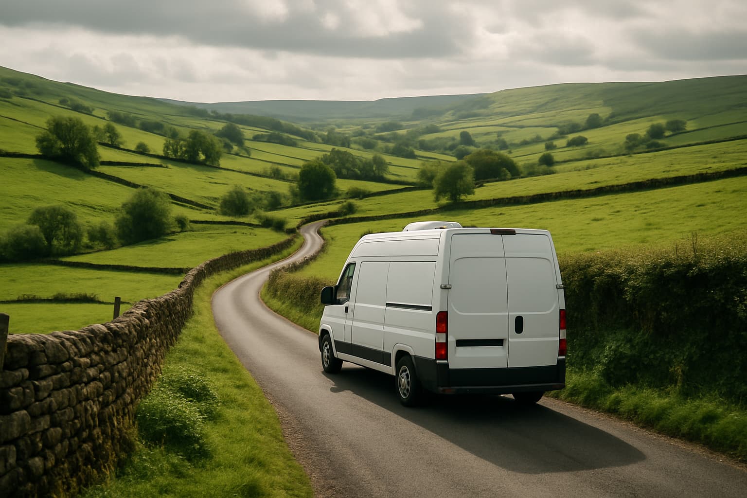 Witte camper zonder merktekens rijdt over een smalle landweg tussen groene heuvels en stenen muurtjes in het Engelse landschap