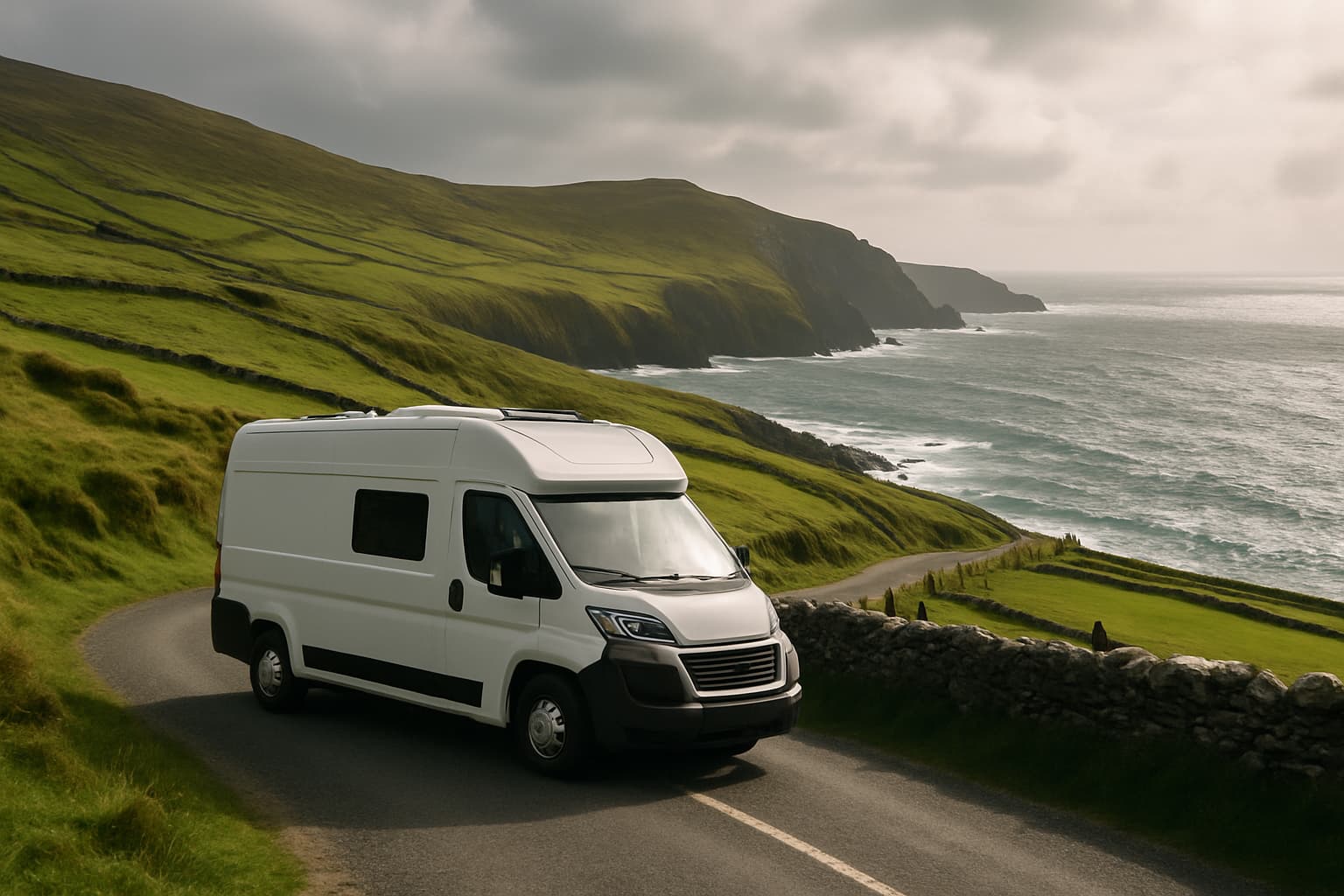 Witte camper zonder merktekens rijdt over een smalle kustweg langs groene heuvels en kliffen aan de Ierse westkust