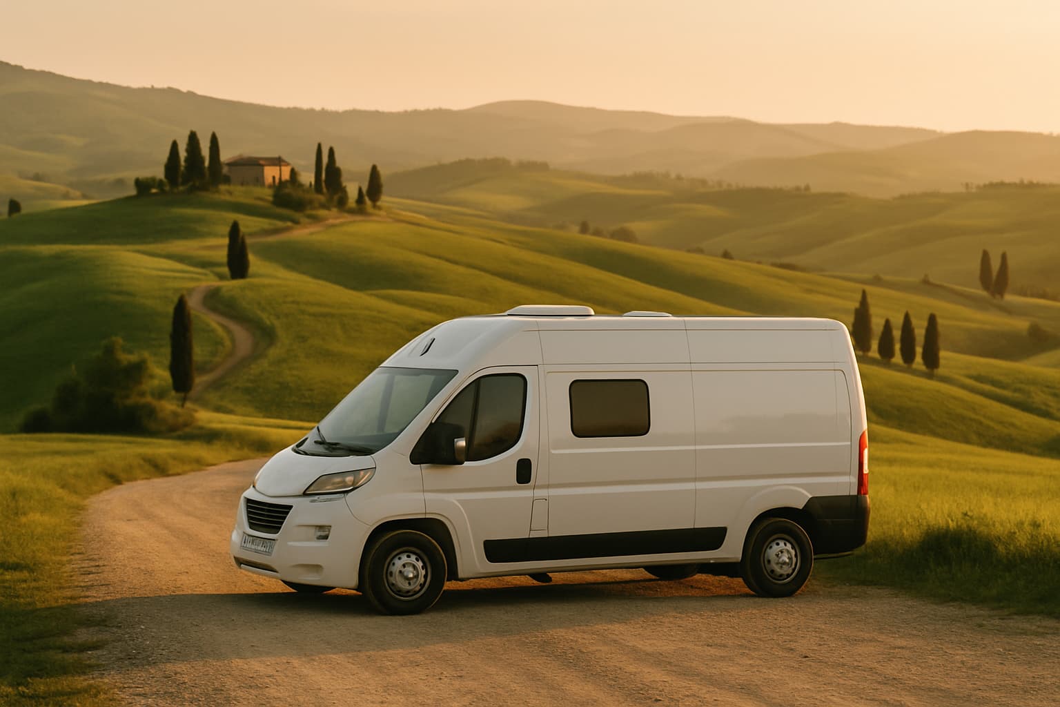 Witte camper zonder opschriften geparkeerd langs een grindweg in het Toscaanse heuvellandschap met cypressen en een boerderij in de verte, in warm avondlicht.