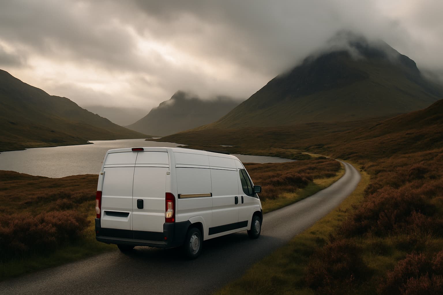 Witte camper zonder merknaam rijdt over een smalle single-track road door de Schotse Hooglanden, met heidevelden, een loch en mistige bergen op de achtergrond.