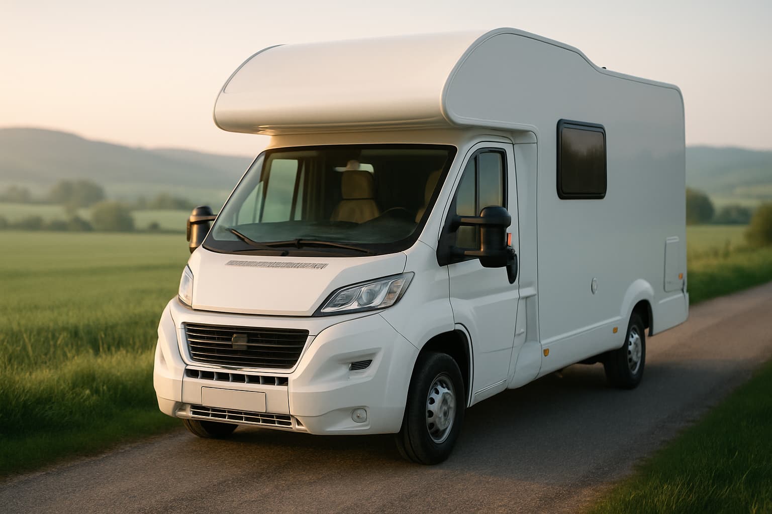Neutrale witte camper zonder merklogo of kenteken langs een landweg, met zicht op de bestuurderscabine en groene heuvels op de achtergrond