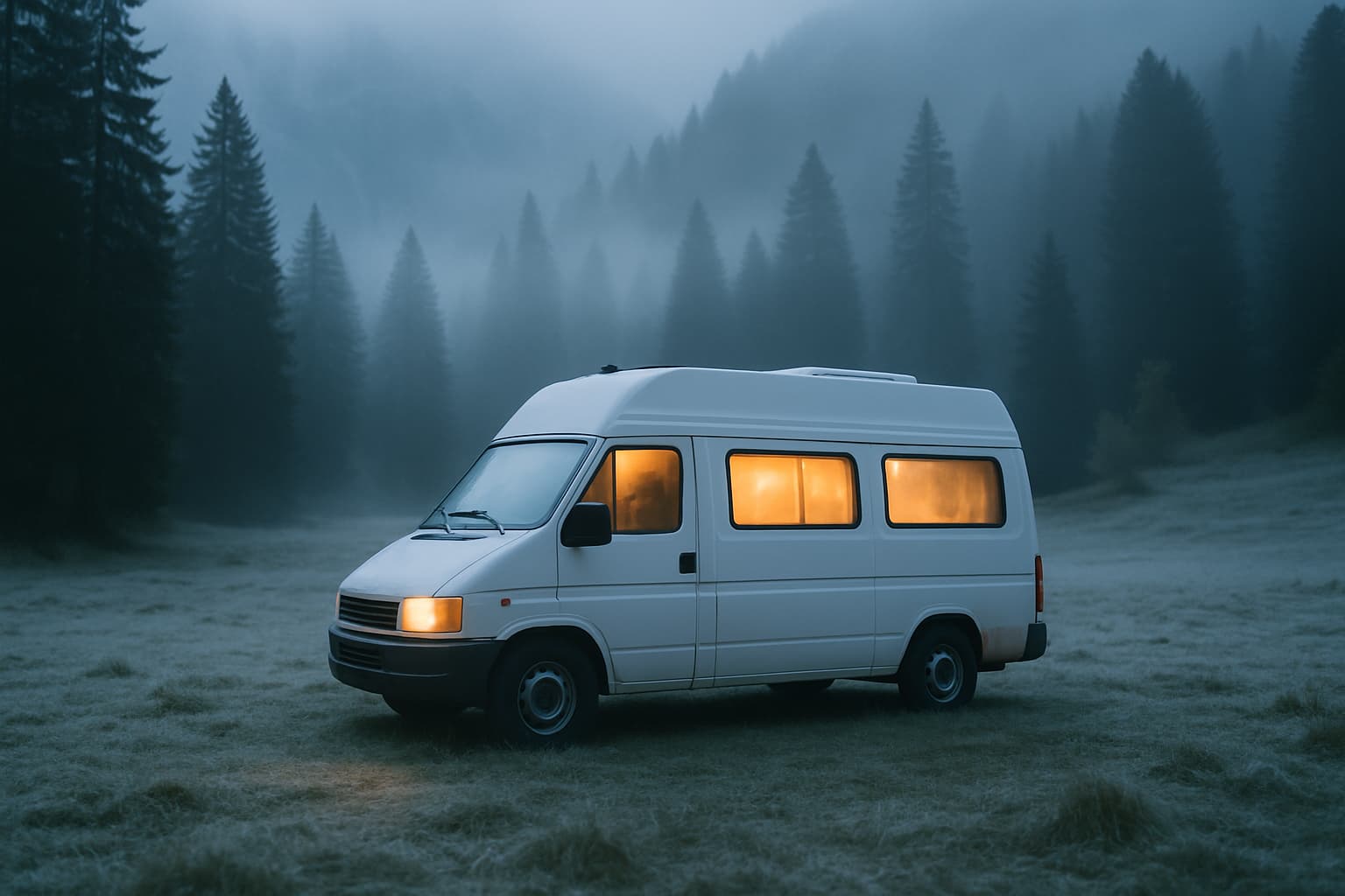 Neutrale witte camper op een berfachtige weide in de vroege ochtend met rijp op het gras en warm licht dat door de campervensters schijnt