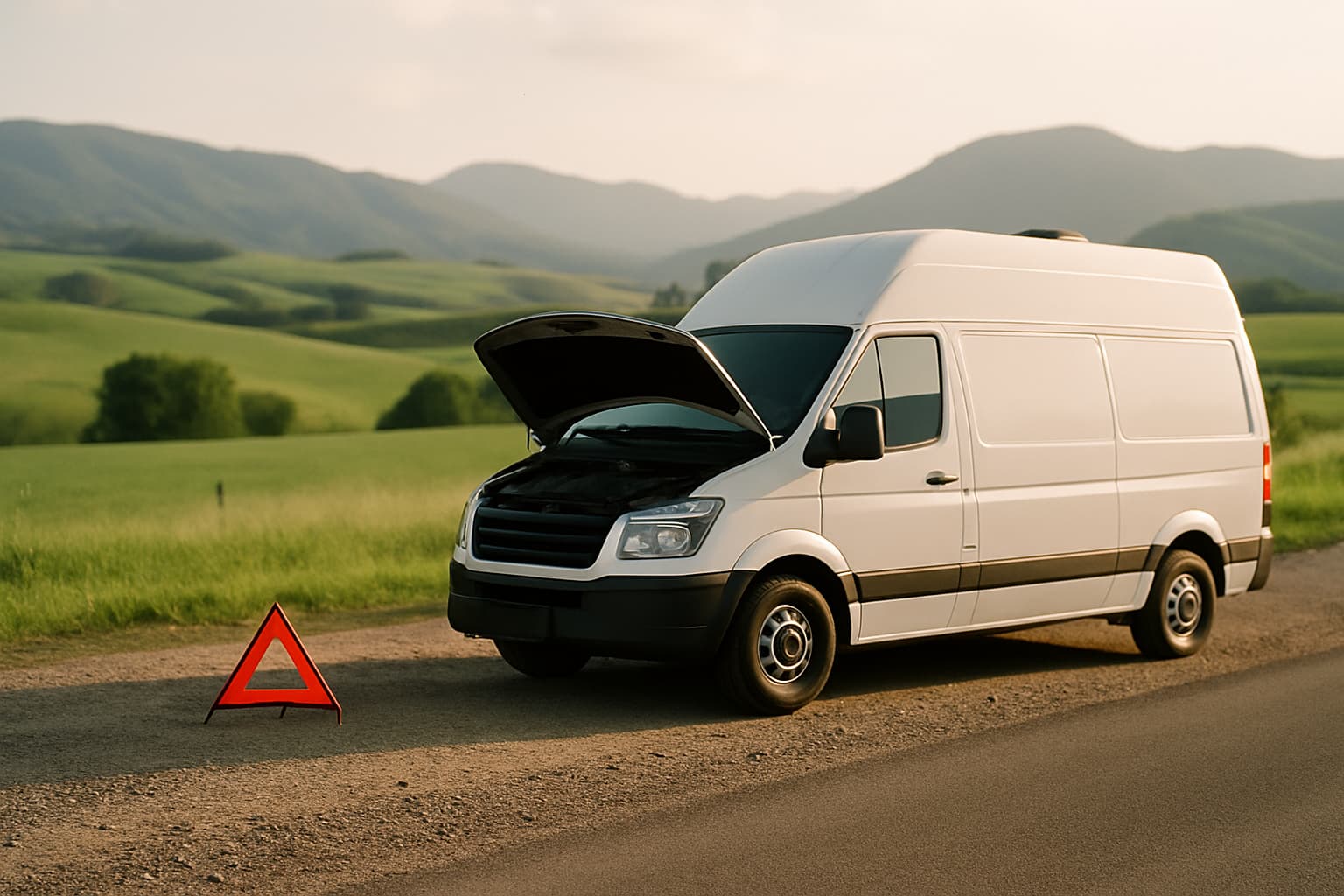Witte camper zonder merklogo staat met geopende motorkap in de berm van een landweg, met gevarendriehoek erachter en heuvels op de achtergrond