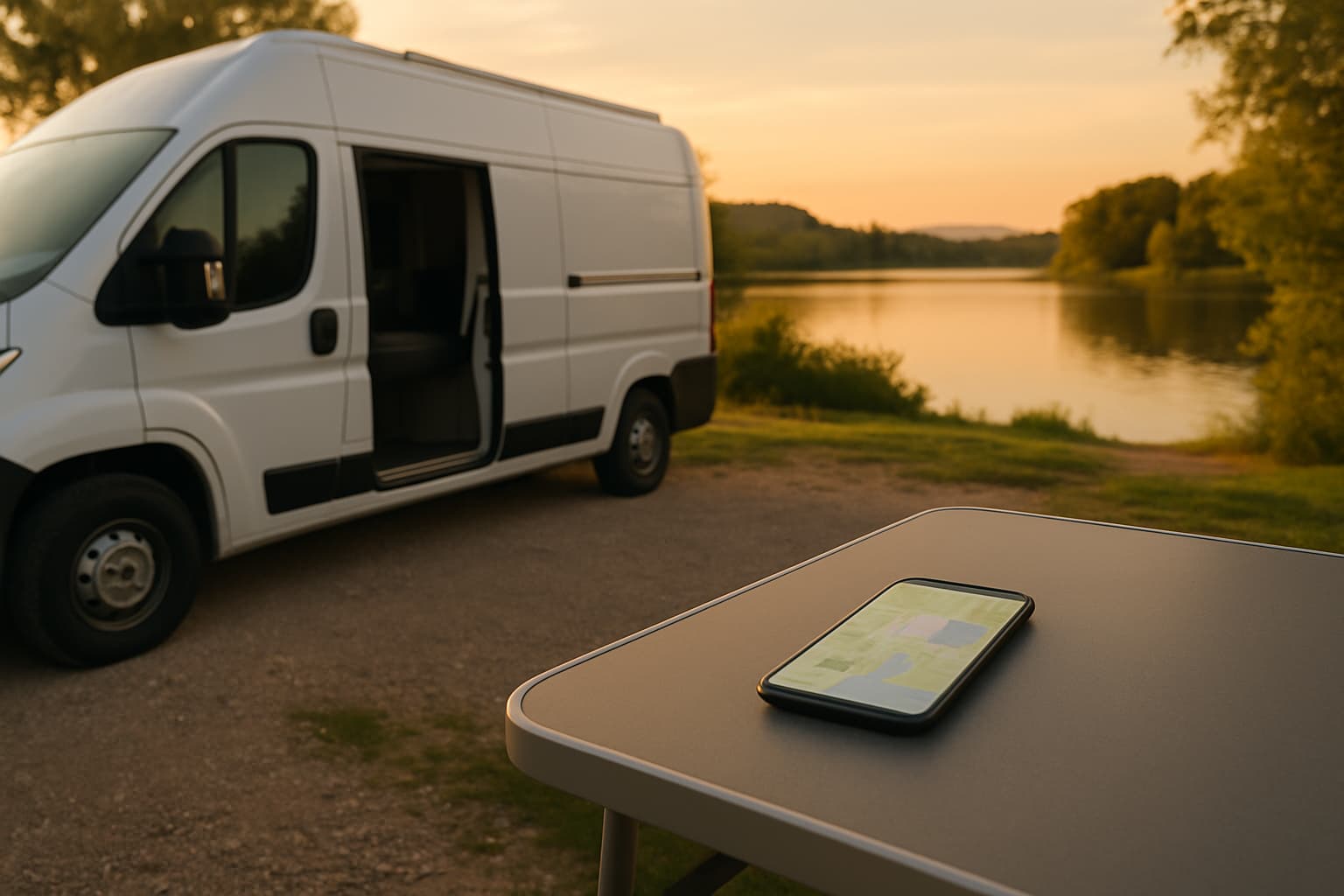 Witte camper zonder merk op een rustige camperplaats aan een meer in avondlicht, met een smartphone met kaartweergave op een tafeltje op de voorgrond