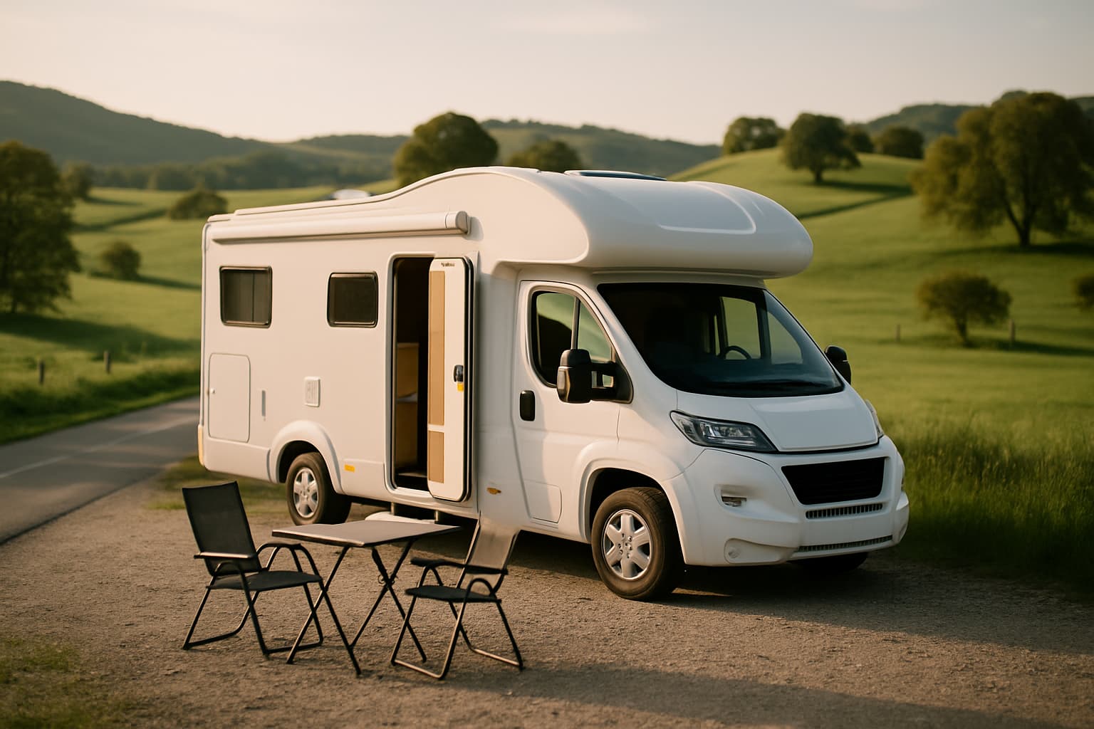 Witte halfintegraal camper zonder merktekens geparkeerd langs een landweg in een heuvelachtig landschap in het late middaglicht