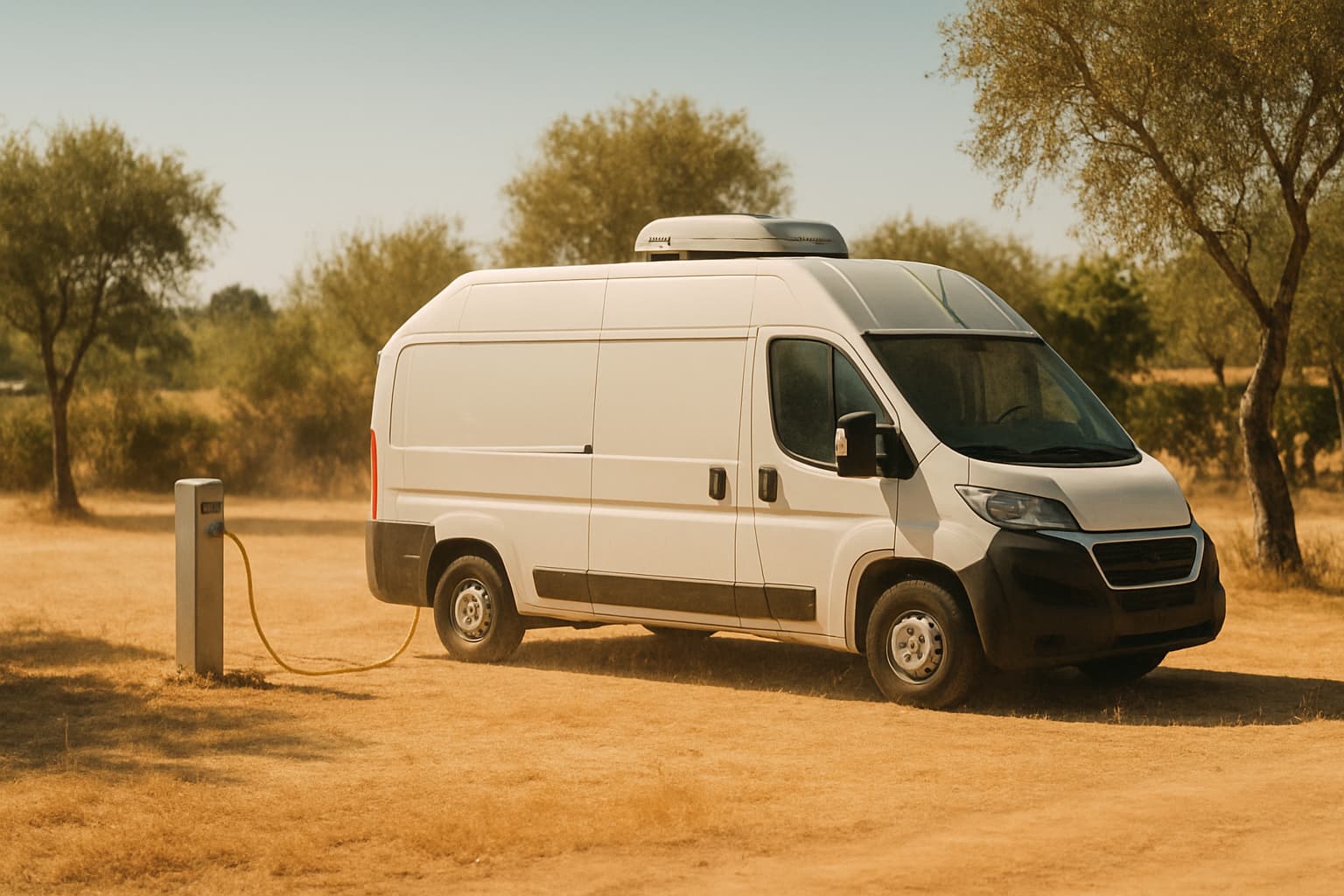Witte camper met dakairco op een zonnig kampeerterrein, aangesloten op een stroompaal tijdens warm zomerweer