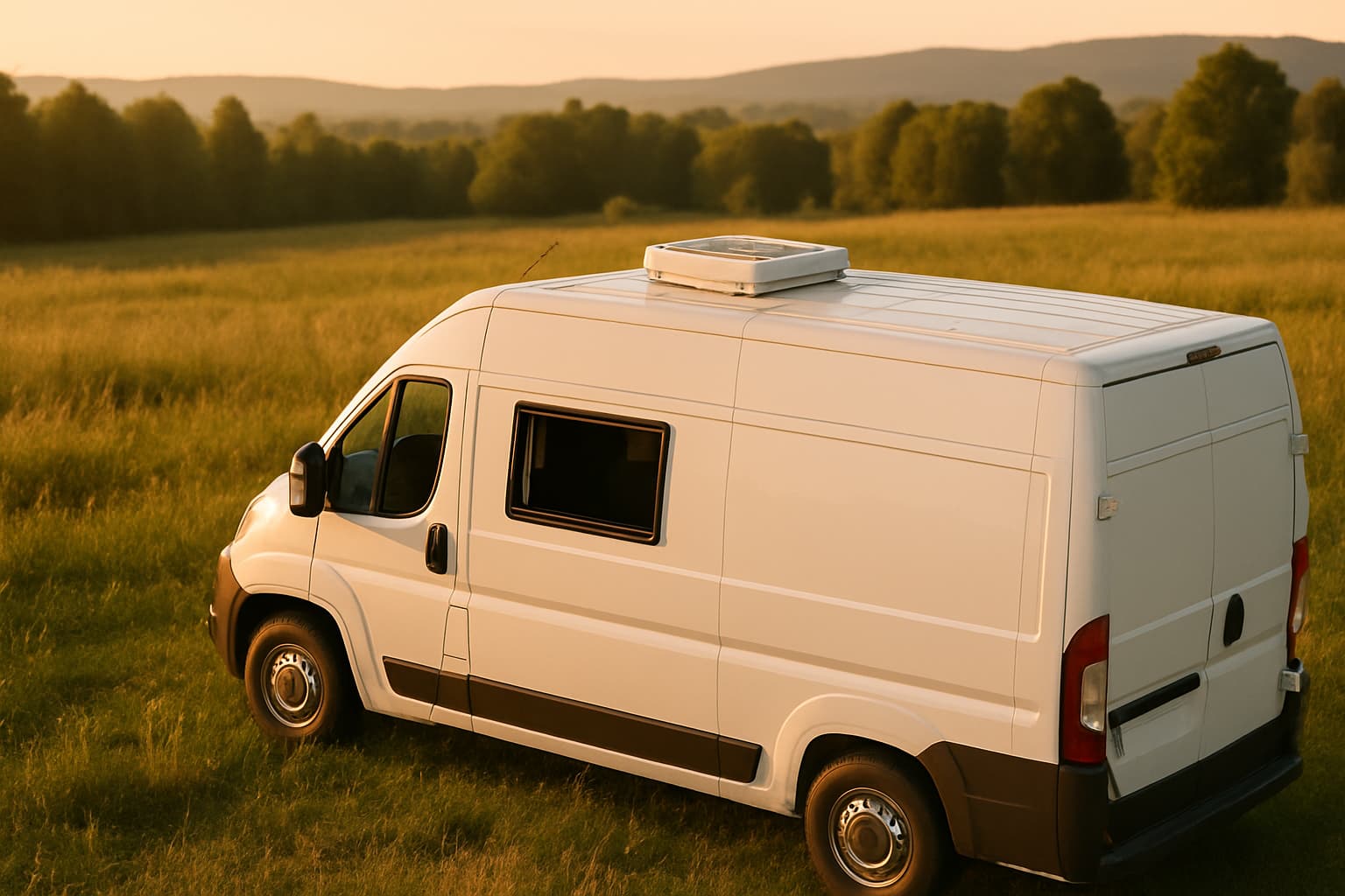 Witte camper op een grasveld in avondlicht, gezien vanaf boven zodat de dakluik met ventilator op het dak goed te zien is