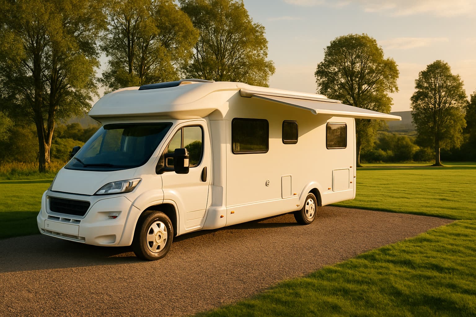 Grote witte halfintegraal camper van ongeveer acht meter geparkeerd op een ruime kiezelplaats van een landelijke camping in het late middaglicht