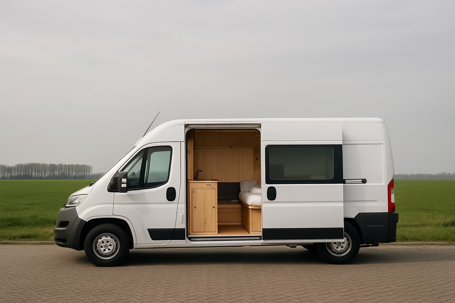 Witte zelfbouwcamper zonder opschrift met open schuifdeur, waardoor het eenvoudige houten interieur met bed, keukenblok en zitje te zien is, in een Nederlands vlak landschap