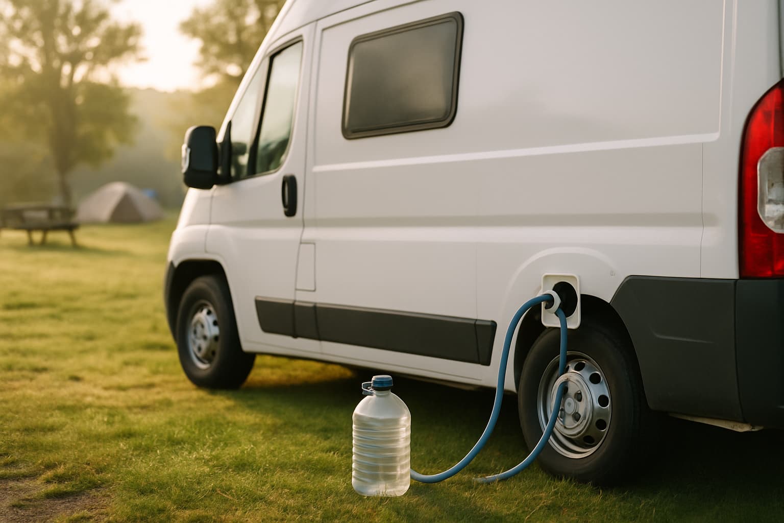 Neutrale witte camper op een landelijke camping waarbij de watertank wordt gevuld met een slang, met een jerrycan water in het gras ernaast