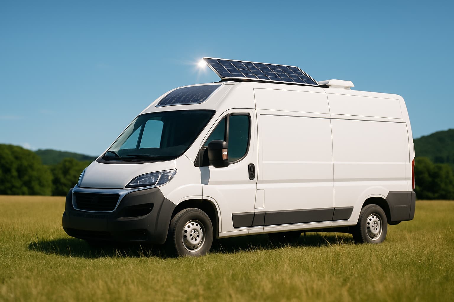 Witte camper in een zonnige weide met een zonnepaneel op het dak, onder een heldere blauwe lucht