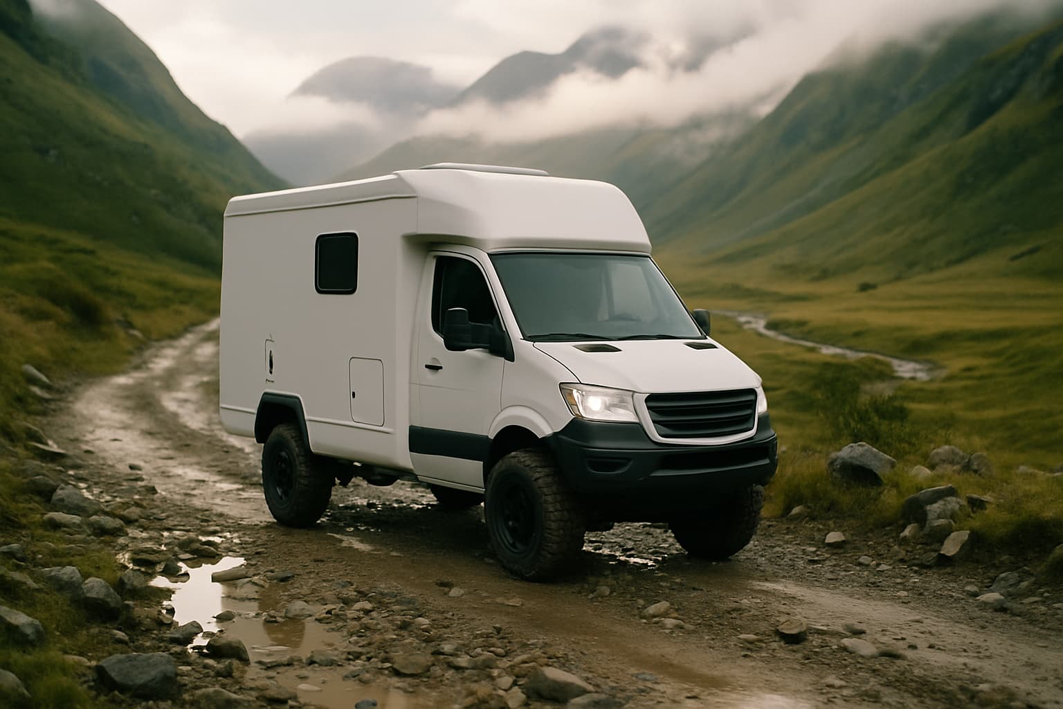 Witte 4x4 camper met grove terreinbanden rijdt over een ruw grindpad in een bergachtig landschap met lage wolken