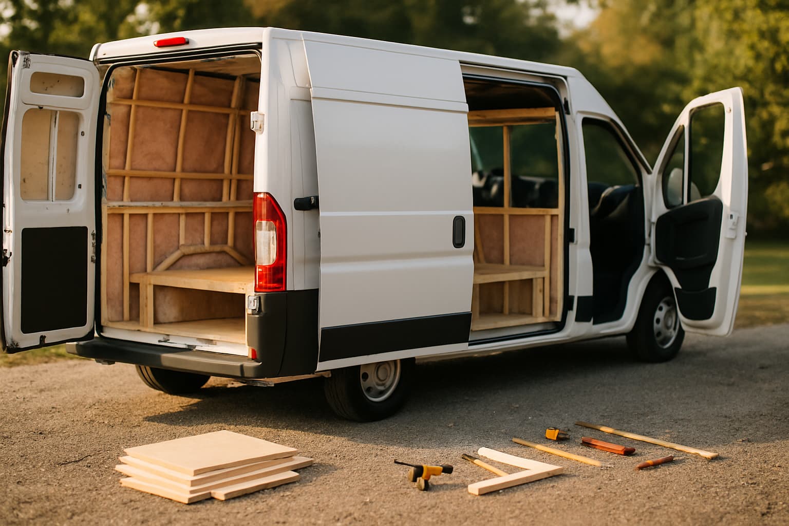 Witte bestelbus zonder opdruk met open deuren, ingericht als camper in aanbouw met houten frame en isolatiepanelen, gereedschap en hout op de grond