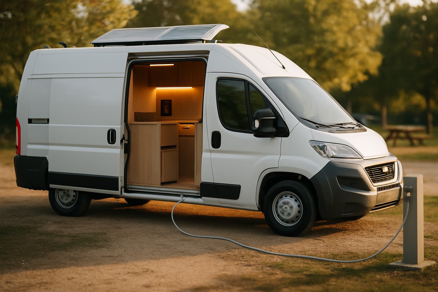 Witte camper zonder merknaam op een rustige camping, met open zijdeur, verlicht interieur, zonnepaneel op het dak en een stroomkabel naar de elektriciteitszuil in avondlicht