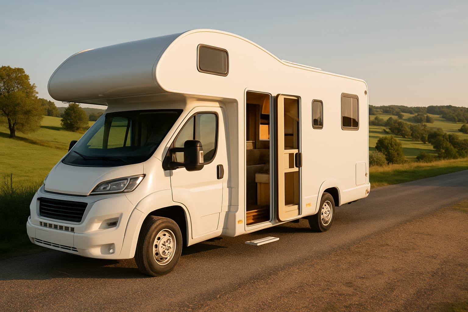 Grote witte zespersoons alkoofcamper zonder merktekens geparkeerd langs een landweg in een heuvelachtig groen landschap, met de zijdeur open en zonlicht in de late namiddag