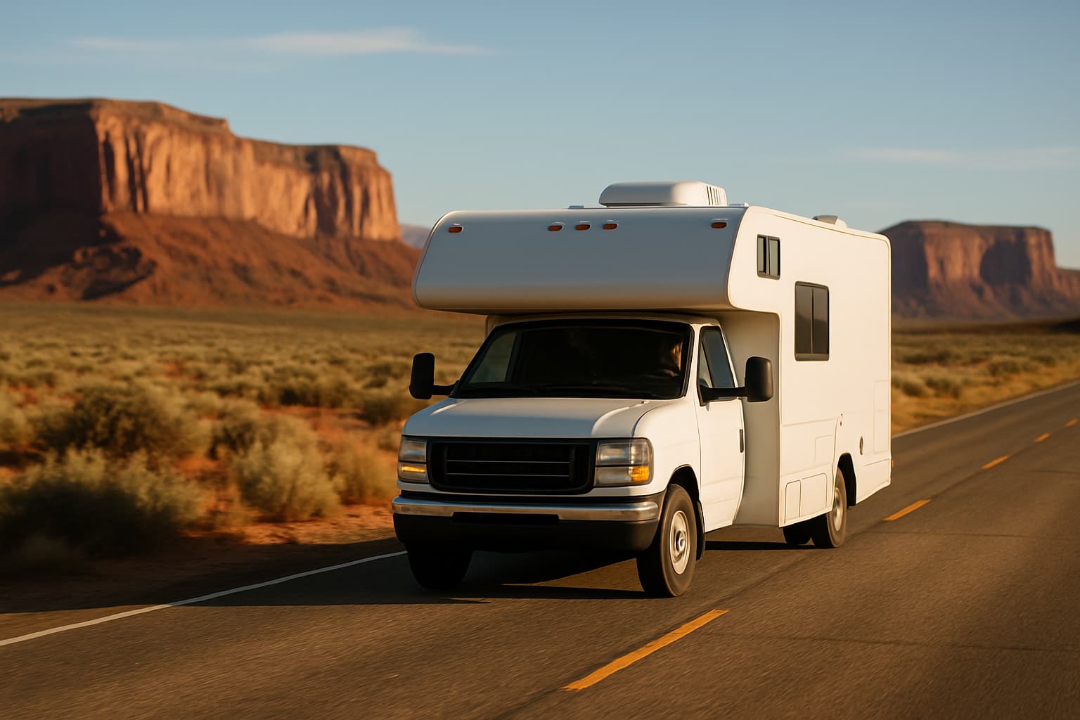 Witte camper zonder merkopschriften rijdt over een lege snelweg door een woestijnlandschap met rode rotsformaties in het zuidwesten van Amerika