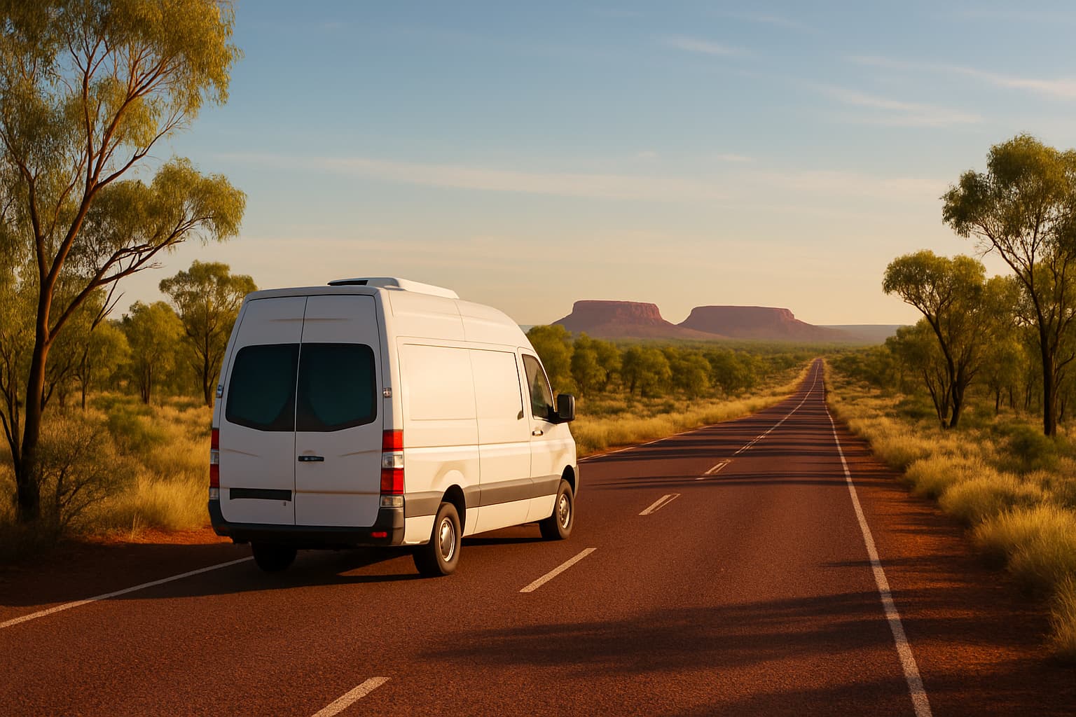 Witte camper zonder merkopdruk rijdt over een lege weg door de Australische outback met rode aarde en rotsformaties in de verte.