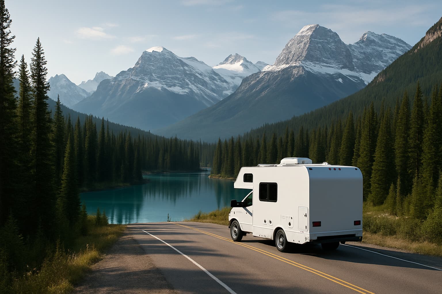 Witte camper zonder merktekens rijdt over een bergweg in de Canadese Rockies langs een turquoise meer en besneeuwde bergtoppen