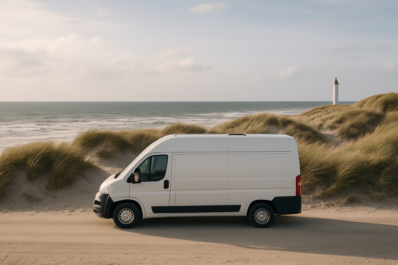 Witte camper zonder opschrift geparkeerd bij duinen aan de Deense westkust met de Noordzee en een vuurtoren in de verte