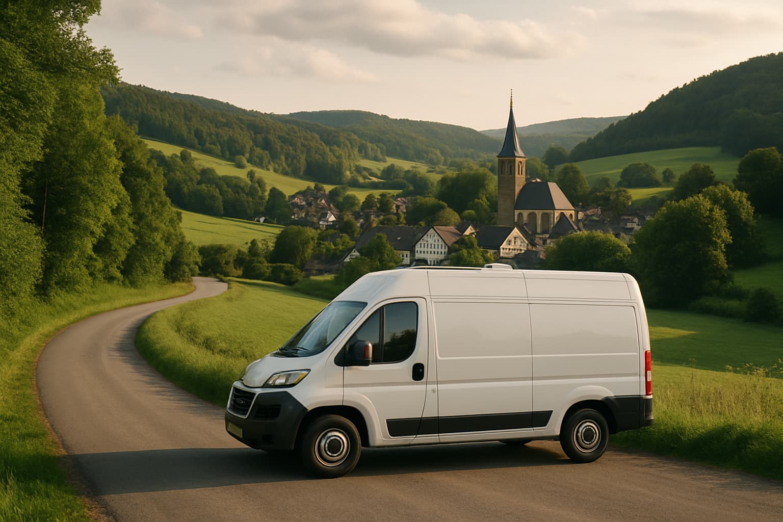 Witte camper zonder merkopschriften geparkeerd langs een landweg in een Duits heuvellandschap, met een dorpje met vakwerkhuizen in het dal.