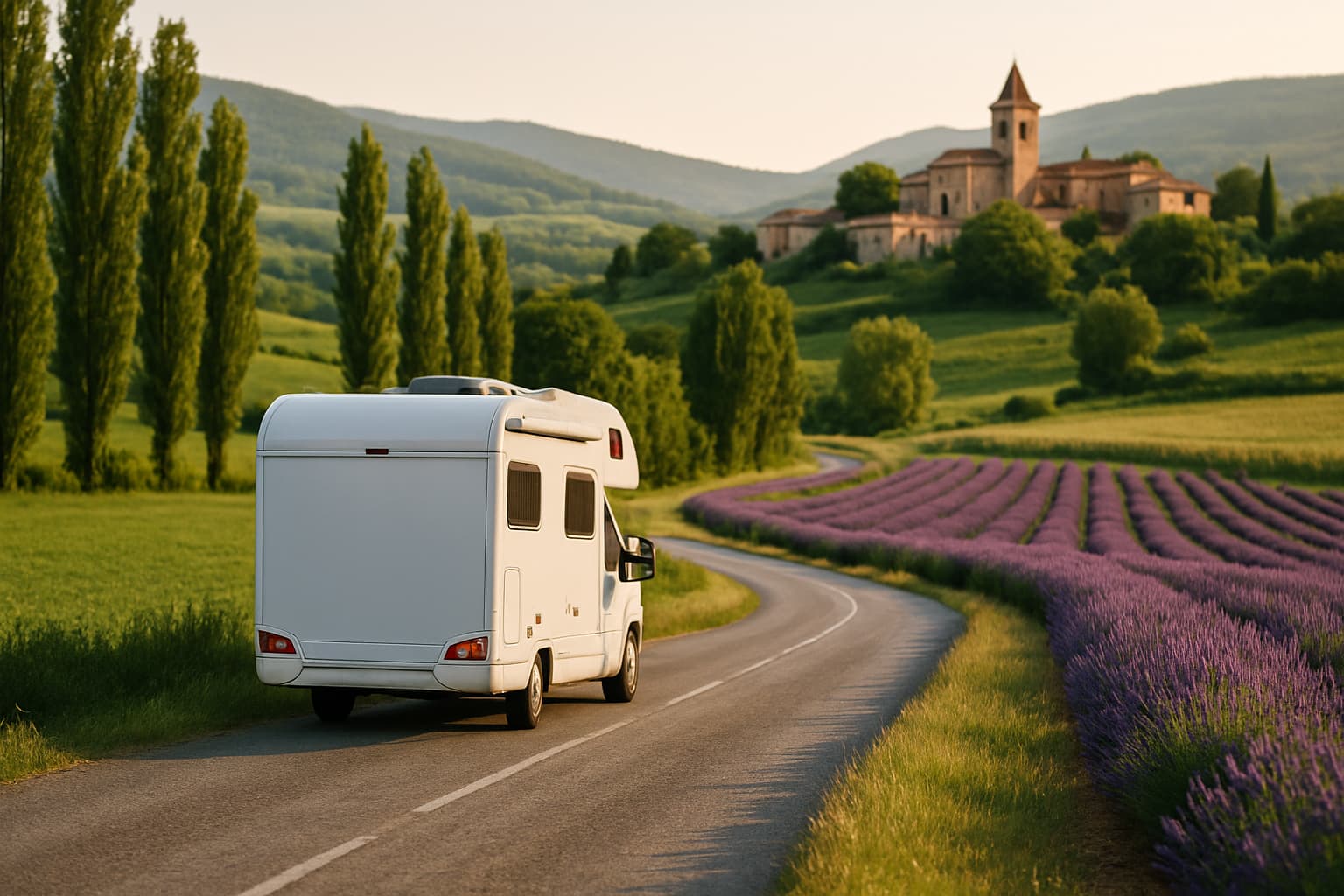 Witte camper zonder merk rijdt over een landweg door het Franse heuvellandschap met lavendelvelden en een dorpje in de verte in het warme middaglicht
