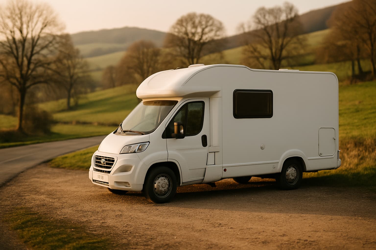 Kleine witte camperbus zonder merk geparkeerd langs een rustige landweg in het laagseizoen, met glooiende heuvels in het zachte avondlicht