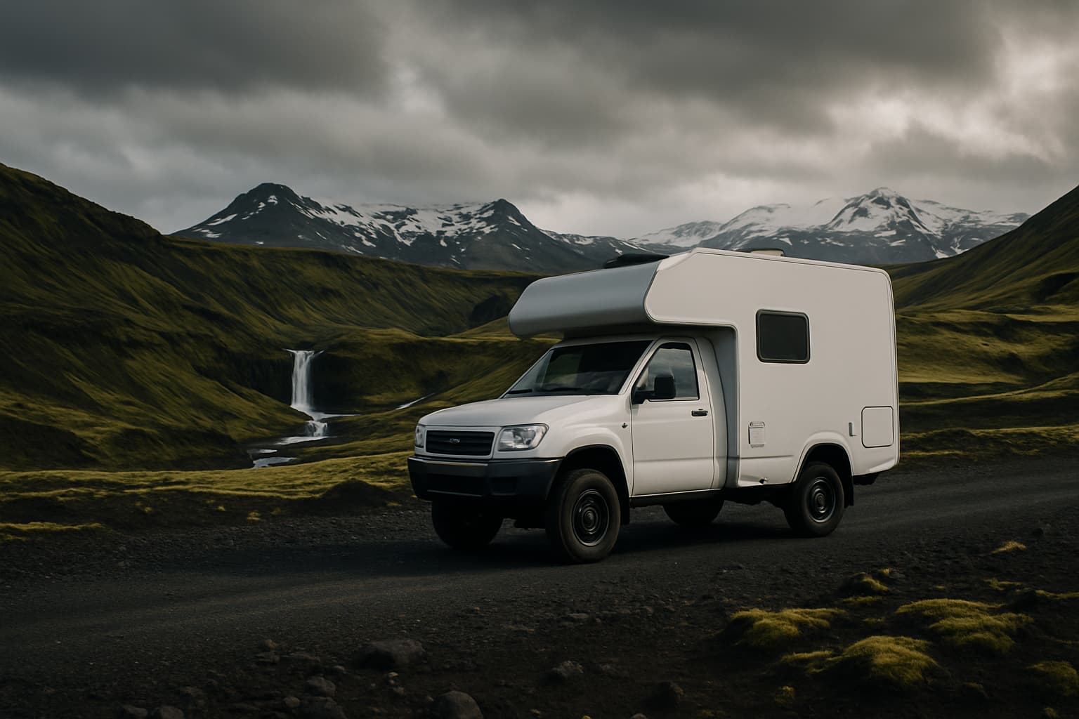Witte 4x4-camper zonder opdruk op een grindweg in het IJslandse hoogland met mos, zwarte lavavelden en besneeuwde bergen op de achtergrond