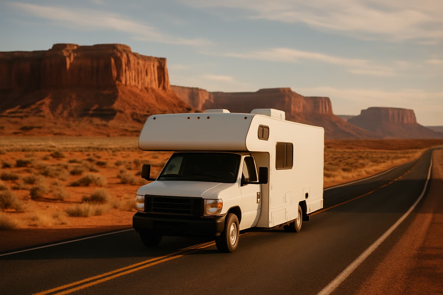 Witte camper zonder merklogo rijdt over een lege snelweg door een woestijnlandschap in het Amerikaanse Zuidwesten met rode rotsformaties in de achtergrond
