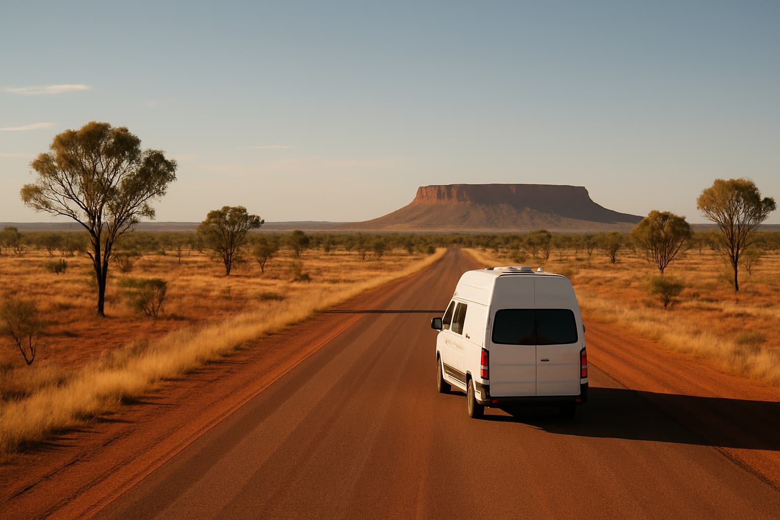 Witte camper zonder merkopdruk rijdt over een lege weg door het rode Australische outbacklandschap onder een strakblauwe hemel