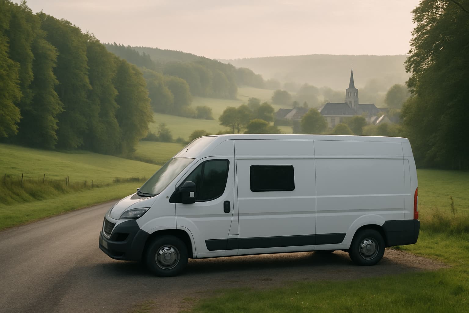 Neutrale witte camper geparkeerd langs een landweg in de Belgische Ardennen met glooiende heuvels, bos en een dorpje met kerktoren in de verte.