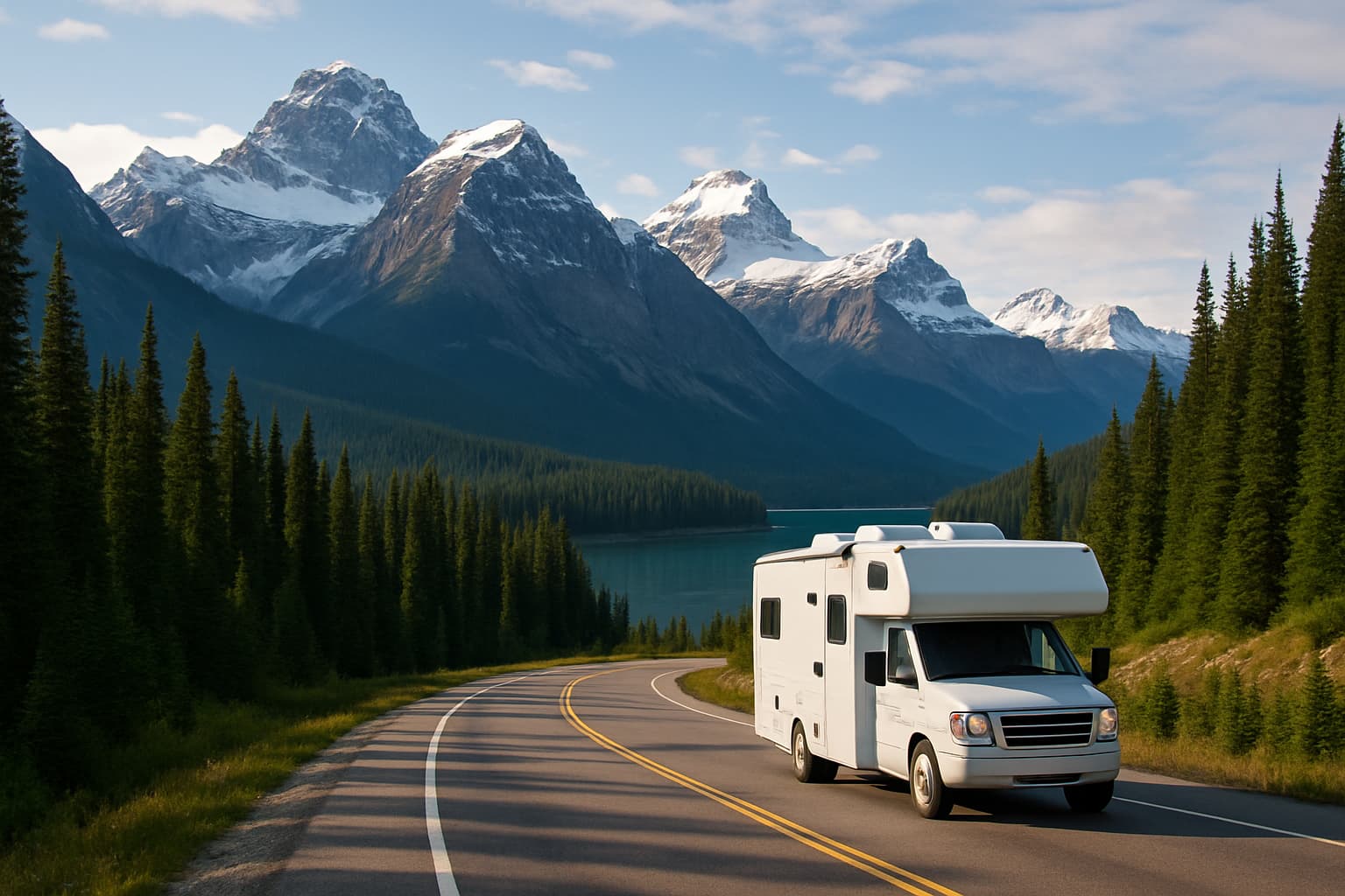 Witte camper zonder merknaam rijdt over een bergweg door de Canadese Rockies langs een turquoise bergmeer en naaldbossen