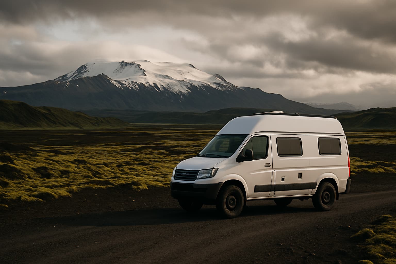 Witte 4x4-camper zonder merkopdruk op een grindweg in de IJslandse hooglanden, met mosbedekte lavavelden en een besneeuwde berg op de achtergrond