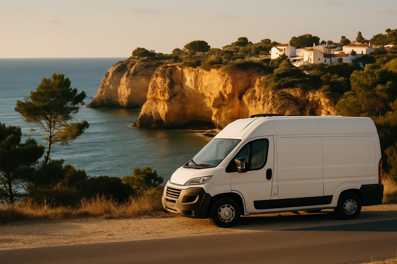 Neutrale witte camper geparkeerd langs een kustweg boven de Atlantische Oceaan in Portugal, met kliffen en avondzon