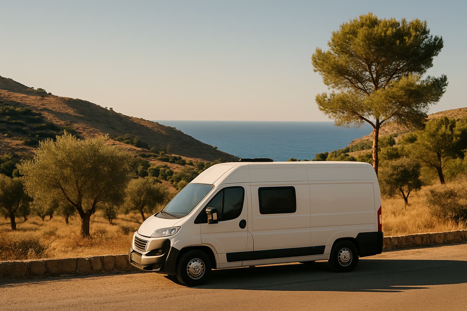 Neutrale witte camper geparkeerd langs een rustige kustweg in Spanje met heuvels, pijnbomen en de Middellandse Zee op de achtergrond in warm avondlicht