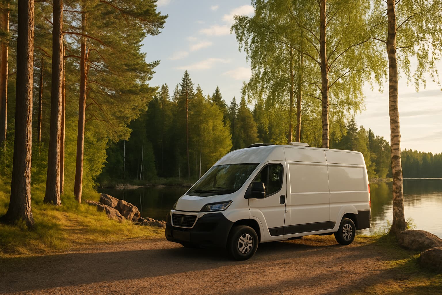 Witte camper zonder merk geparkeerd op een grindpad aan een Zweeds meer, omringd door dennen en berken in zacht avondlicht