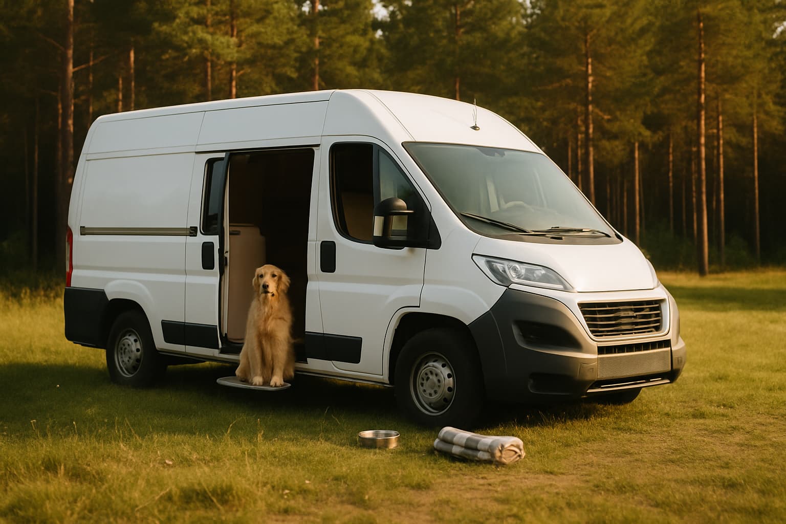 Witte camper zonder merklogo op een grasveld bij een bos, met een hond die rustig in de open zijdeur zit en een waterbak ernaast in de avondzon