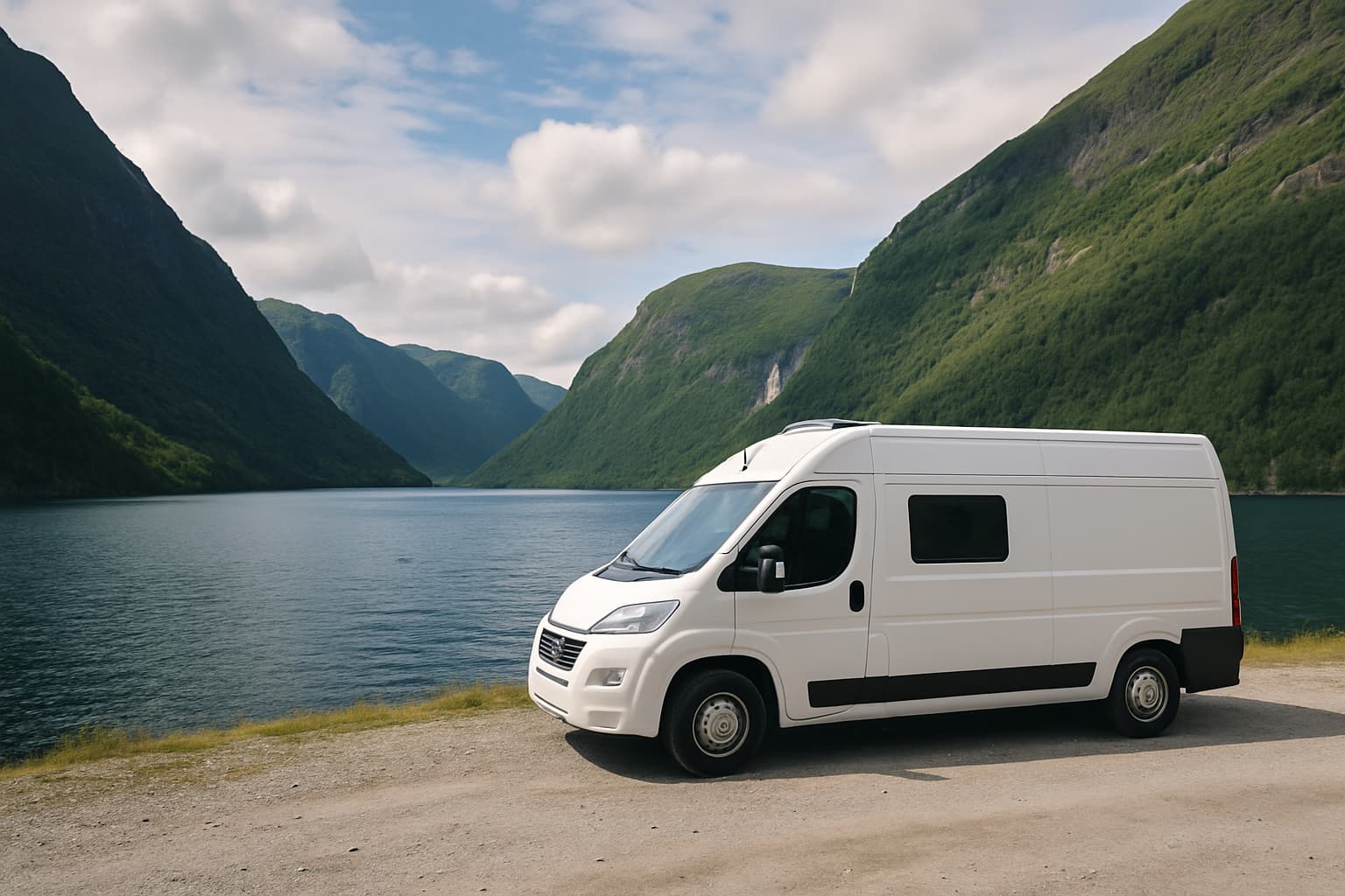 Witte camper zonder merkopschrift geparkeerd langs een Noorse fjord met steile bergen en een waterval op de achtergrond