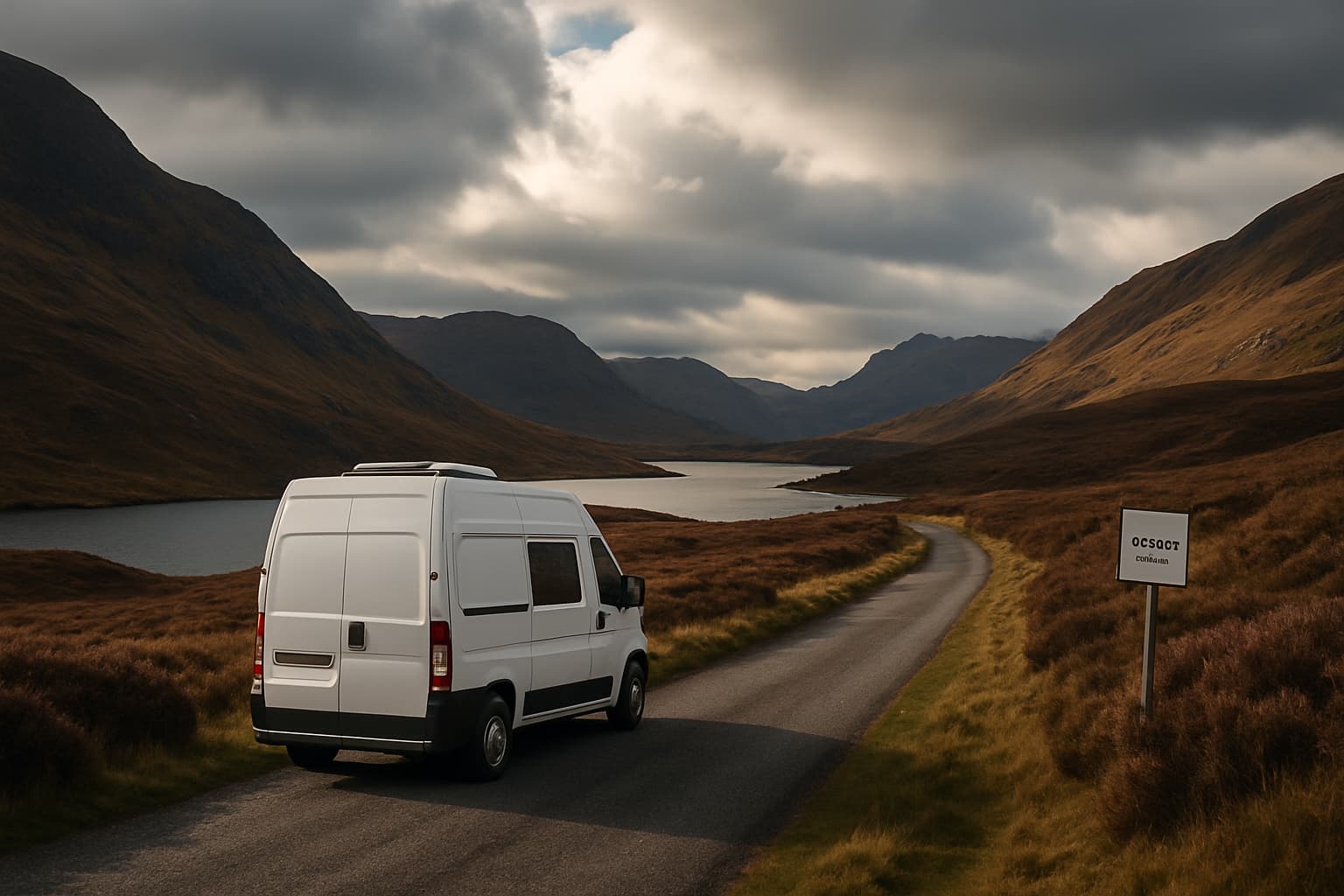 Witte camper zonder merk rijdt links op een smalle single track road door de Schotse Highlands met heidevelden, een loch en wolkenlucht