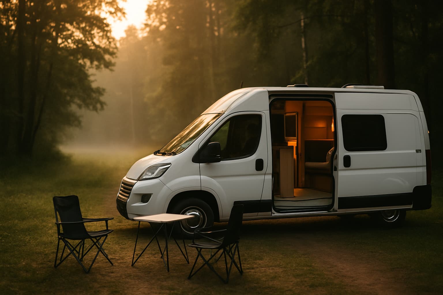 Neutrale witte campervan geparkeerd aan de rand van een bosopen plek in het gouden avondlicht, met openstaande schuifdeur, klaptafel en twee campingstoelen ernaast voor een weekendje weg