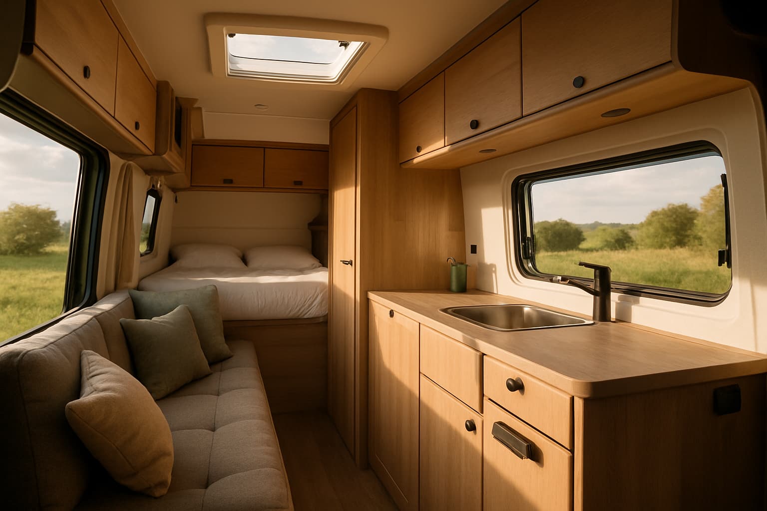 Licht en opgeruimd camperinterieur met zithoek, keukenblok, opbergkastjes en een opgemaakt bed achterin, met daglicht via de open schuifdeur.