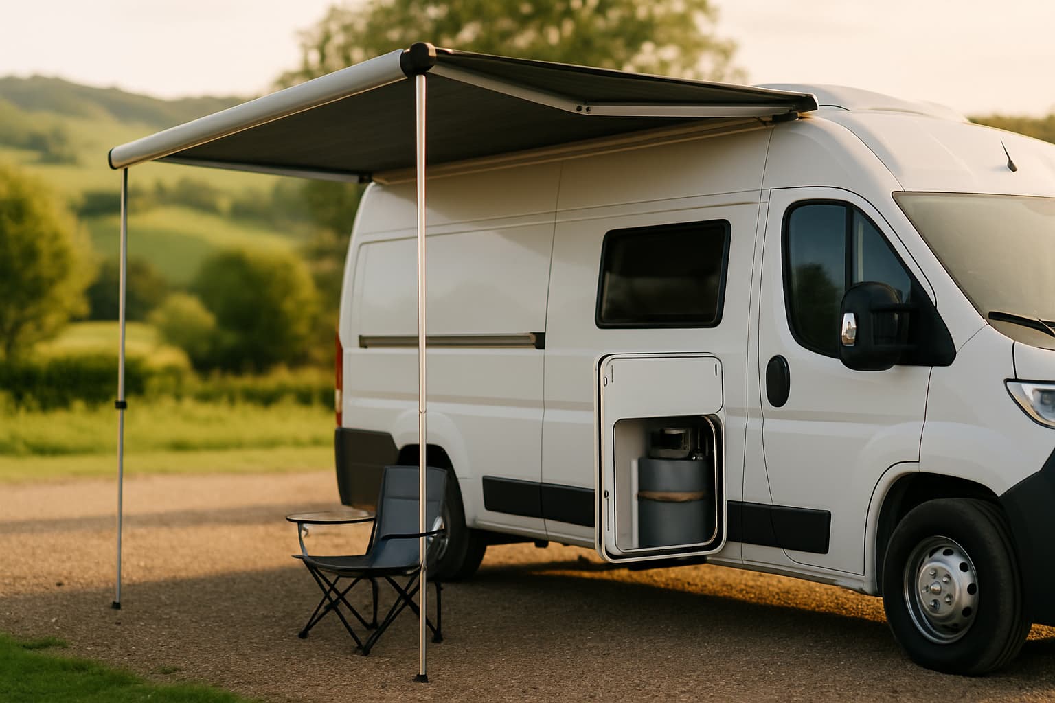 Witte camper zonder merklogo op een rustige campingplek, met geopende serviceklep waarachter een gasfles zichtbaar is, in warm middaglicht met glooiende heuvels op de achtergrond.
