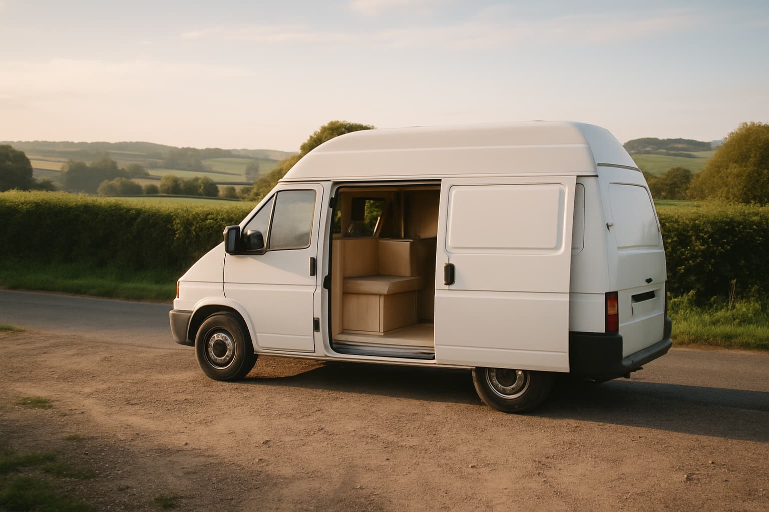 Witte tweedehands camper zonder merklogo geparkeerd op een grindterrein langs een landweg, met open zijdeur en groen heuvellandschap op de achtergrond in zacht middaglicht.