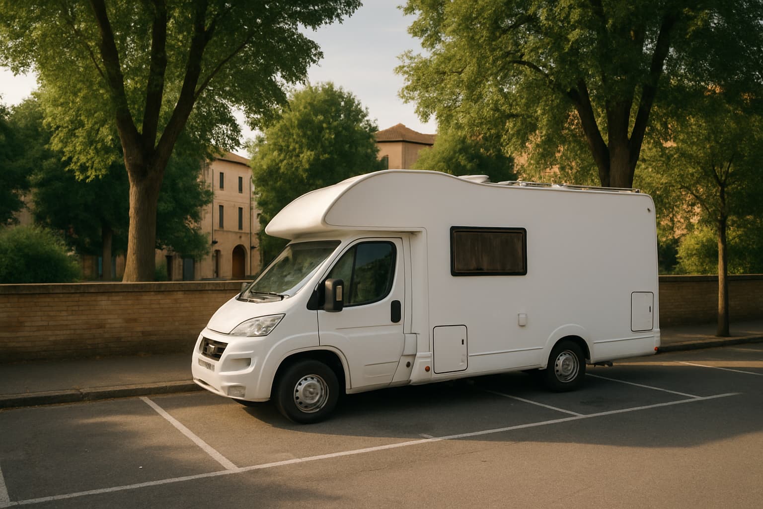 Witte camper zonder merktekens geparkeerd in een parkeervak langs een rustige straat aan de rand van een dorp in het middaglicht