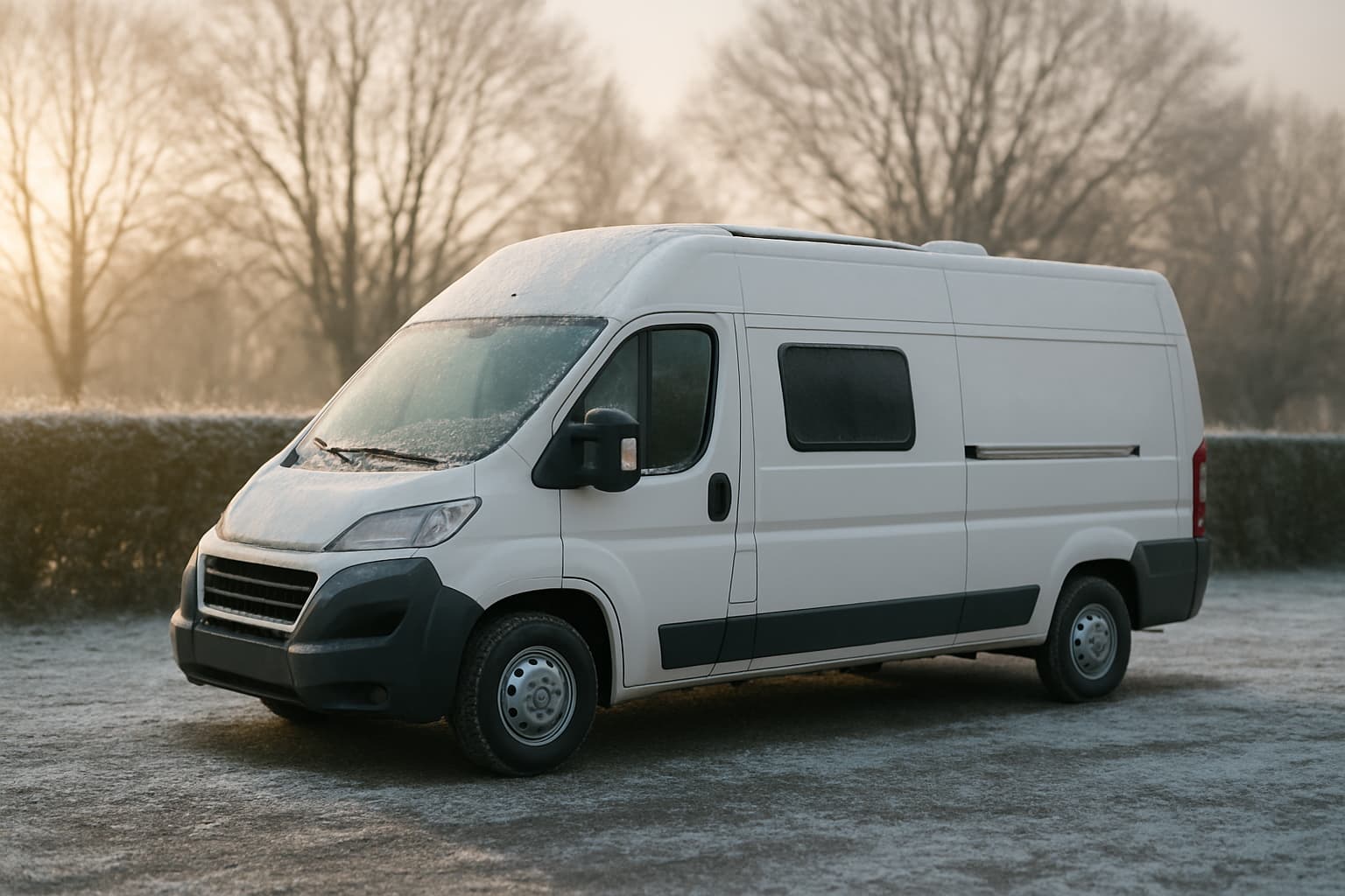 Witte camper zonder merkopdruk staat geparkeerd op een rustig erf op een winterse ochtend met rijp en lichte sneeuw