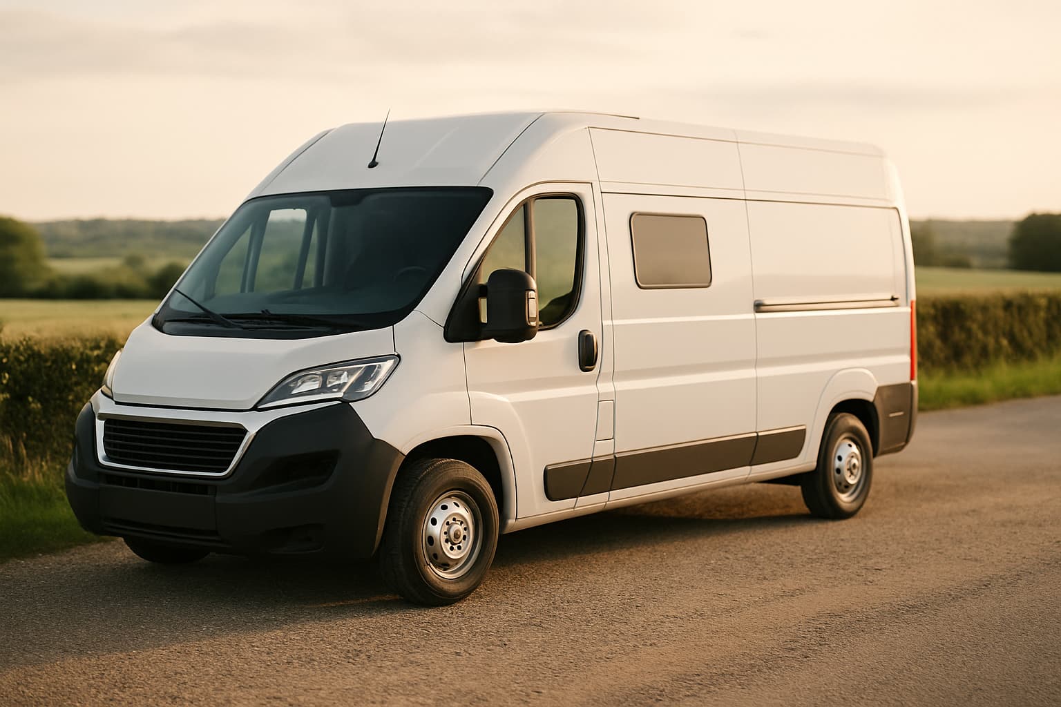 Neutrale witte camper zonder logo's staat geparkeerd op een grindveld langs een landweg in het late middaglicht