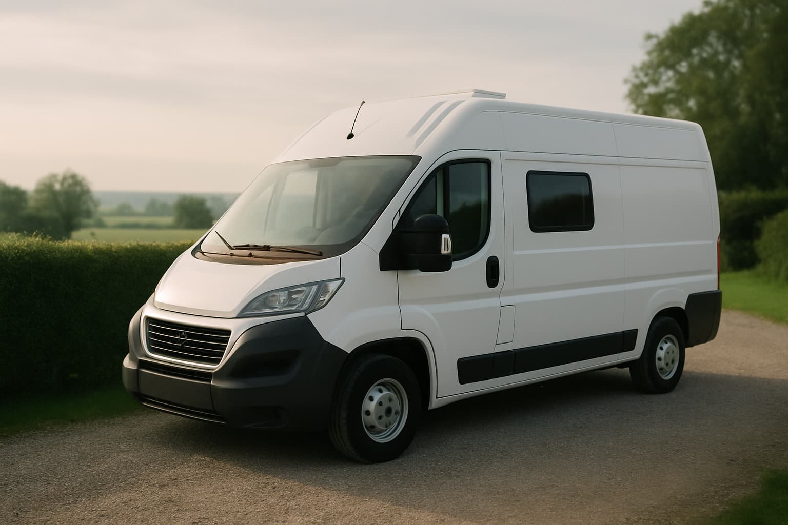 Neutrale witte camper zonder logo's geparkeerd op een oprit bij groen landschap in zacht ochtendlicht