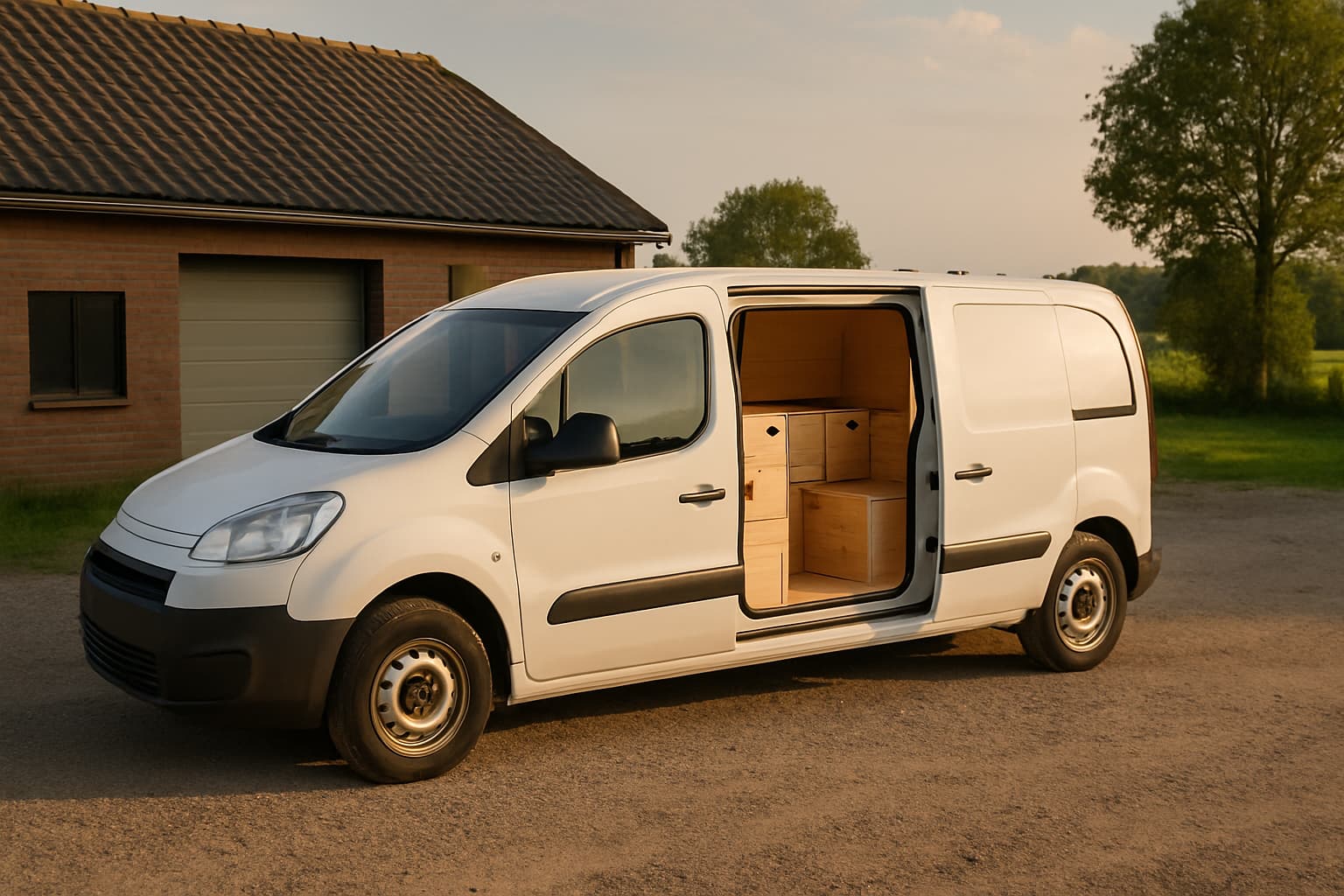 Witte buscamper zonder merktekens met open schuifdeur, waardoor het handgemaakte houten interieur met keukenblok zichtbaar is, geparkeerd bij een werkplaats in het Nederlandse landschap.